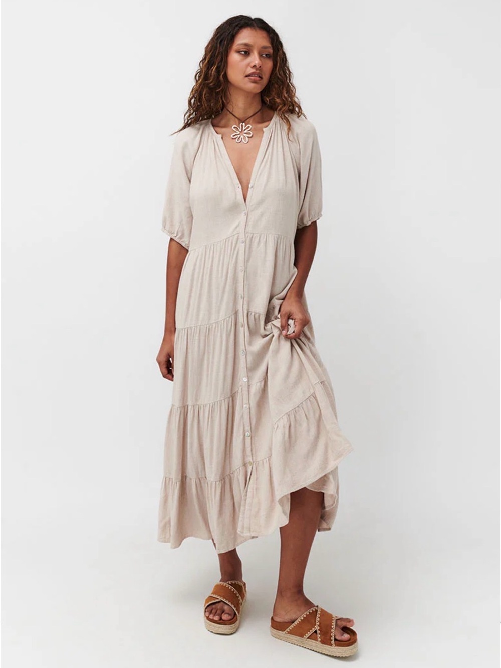 Ghanda Frida Midi Dress Linen Blend Tiered Boho Coastal Grandmother Size M